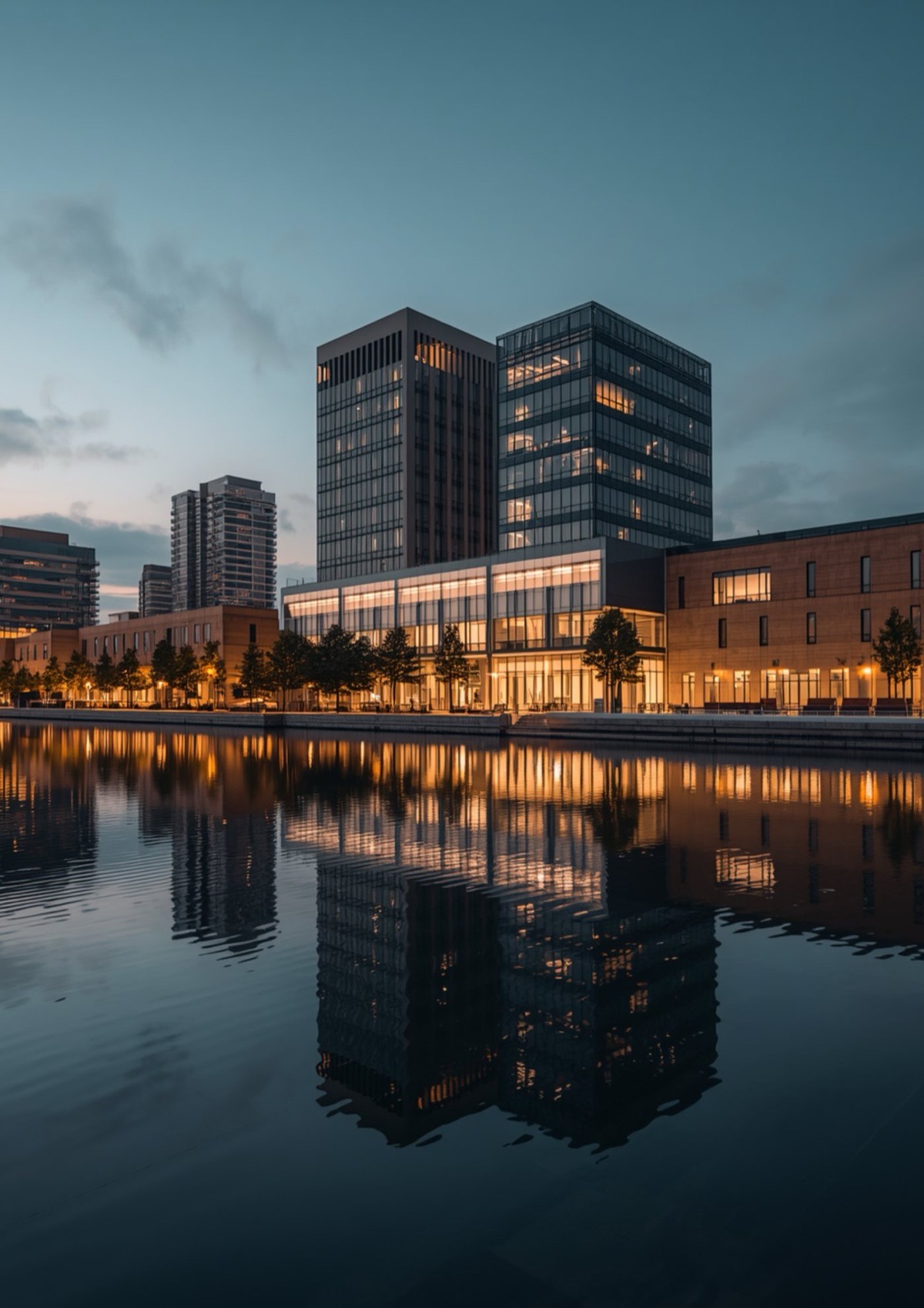 Immeuble de bureaux contemporain au crépuscule, en bord de quai